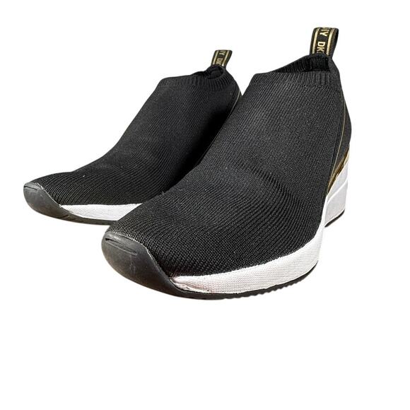 DKNY Women's Black Gold Knit Slip-On Wedge Platform Sneakers Size 7.5 - Picture 2 of 10